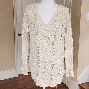 Free People Sweater Cream V-Neck Crochet Distressed Tattered Hem Boho Size S/P